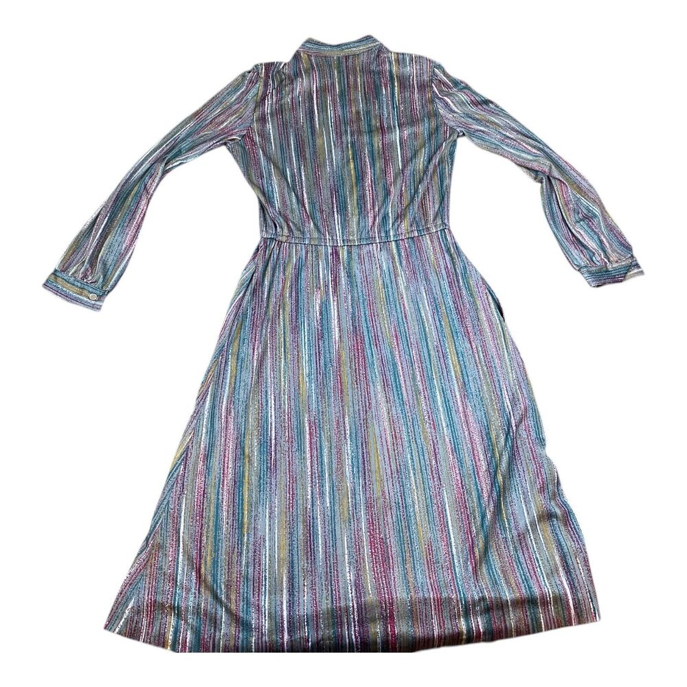 VTG 70s Metallic Striped Midi Dress High Neckline Shirtdress Long Sleeve SMALL - Picture 8 of 14